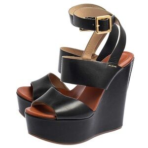 Chloe Black Leather Platform Wedge Sandals with Gold Buckle